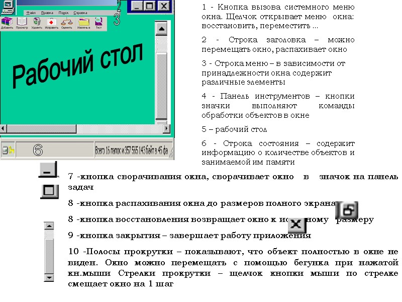 Рабочий стол 1 - Кнопка вызова системного меню окна. Щелчок открывает меню  окна: